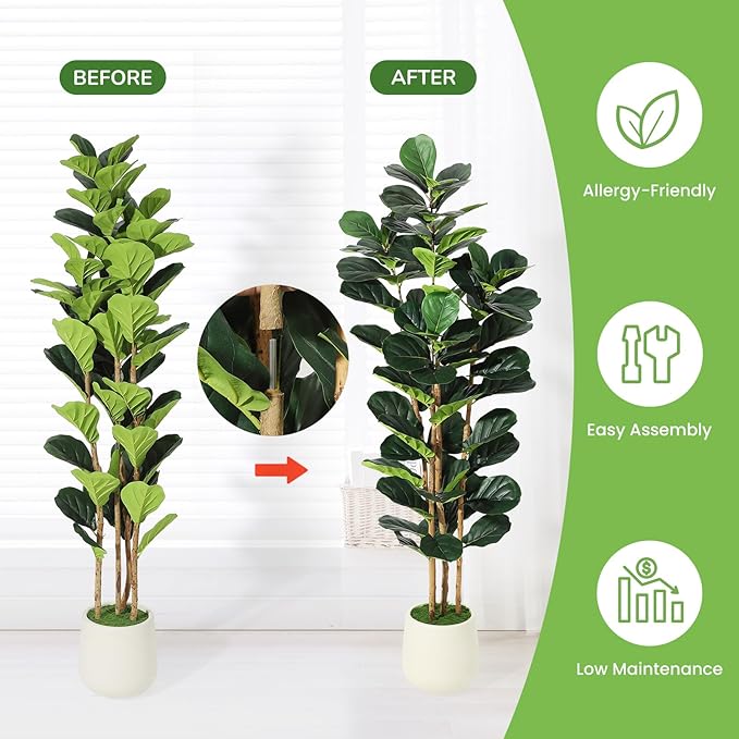 GarveeHome 6FT Faux Fiddle Leaf Fig Tree with White Pot, Faux Trees with Artificial Plants 74 Fiddle Leaves Greenery - Lifelike Fake Tree for Home Office Store Room Decor Indoor Outdoor