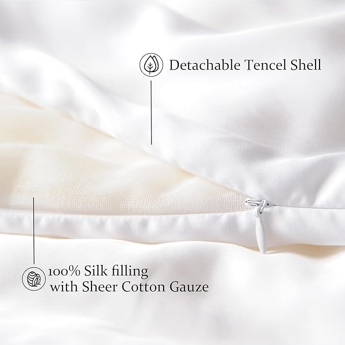 CUDDLE DREAMS Silk Filled Comforter for All Season, Detachable Tencel Duvet Cover for Easy Care, Naturally Breathable (White, Queen)
