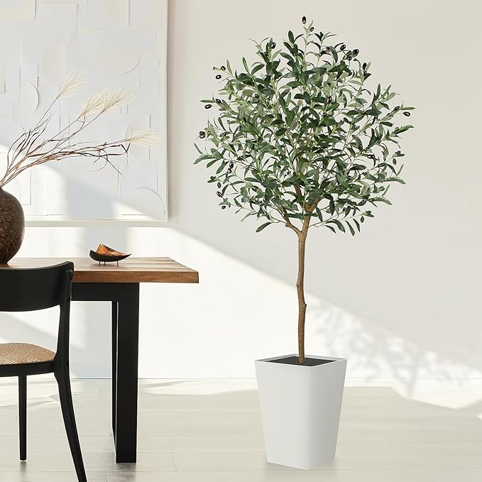 Artificial Olive Tree with White Tall Planter, 5ft Tall Potted Decorative Fake Olive Tree, Large Faux Silk Tree for Home Office Floor Room Decor Plant Indoor Outdoor, Housewarming Gift