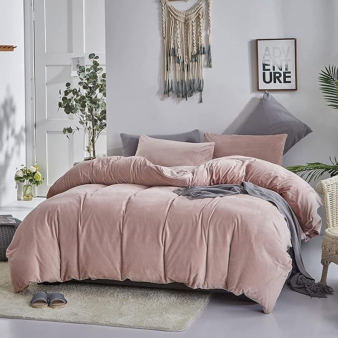 Luxlovery Pink Velvet Comforter Set - Queen Size Flannel Plush Bedding - Modern Winter Thick Warm Solid Dusty Pink Quilts Blanket