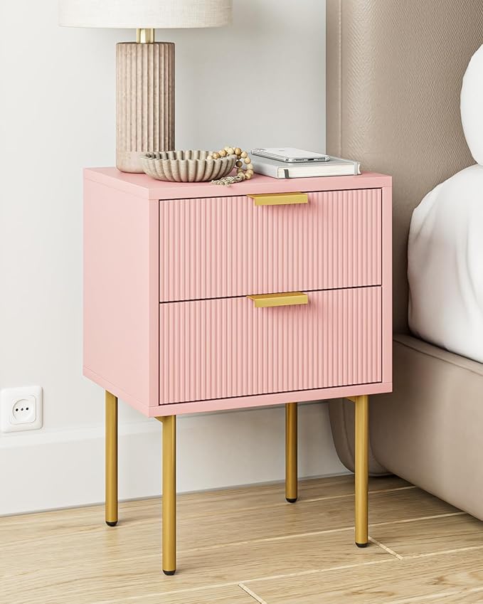 Nightstand,Morden Bedside Table with Gold Frame,Small White Night Stand,End Table,Bedside Furniture,Side Table with Drawer and Shelf for Bedroom,Living Room (2Drawers, Pink)