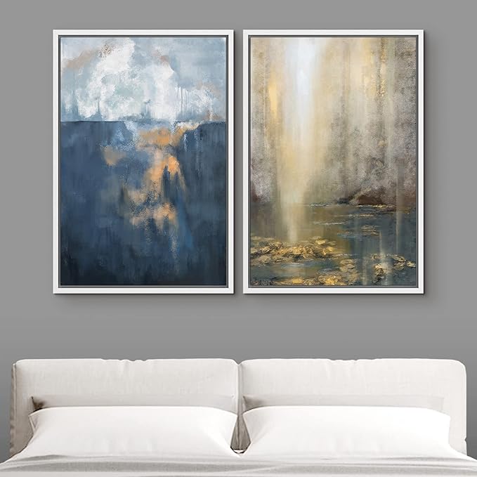 MUDECOR Framed Canvas Print Wall Art Set Pastel Paint Stroke Landscapes Abstract Shapes Illustrations Modern Art Decorative Bohemian Calm/Zen for Living Room, Bedroom, Office - 16"x24"x2 White