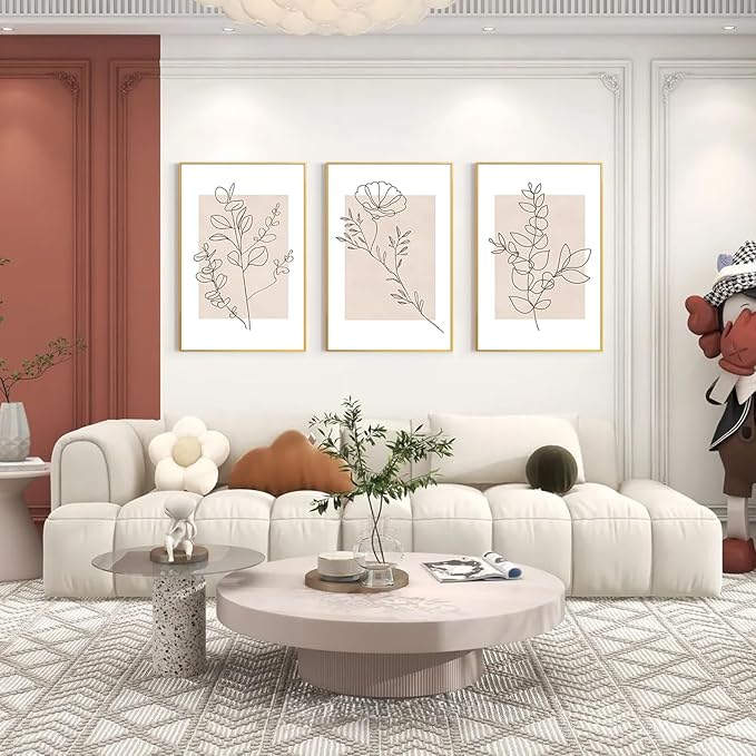 CHDITB Floral Line Framed Canvas Wall Art Set, Minimalist Flower Wall Decor, Neutral Beige Plants Wall Painting, Abstract Botanical Leaf Stripe Art Print for Living Room, Bedroom, Office - 16"x24"x3