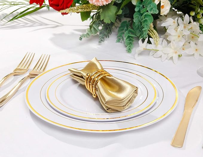 bUCLA 100Pieces Gold Plastic Plates-7.5inch White and Gold Disposable Salad/Dessert Plates - Ideal for Weddings, Party