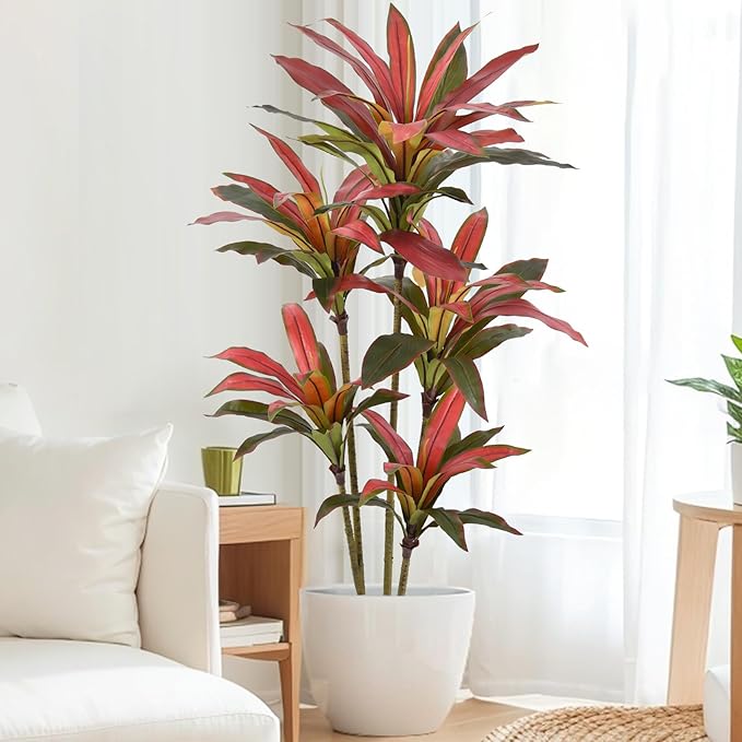 Artificial Dracaena Tree 5ft(60in) Tall Large Faux Silk Plants with Realistic Trunks and Red Leaves, Fake Floor Potted Artificial Plants for Home Office Indoor Decor (5feet,1Pack)