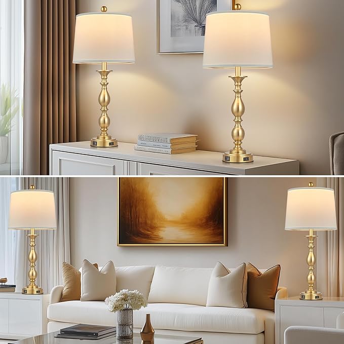 28" Tall Modern Table Lamps Set of 2 with USB C+A Ports and AC Outlet, 3 Way Touch Metal Bedside Lamps for Living Room, Gold Farmhouse Nightstand Lamps for Bedroom
