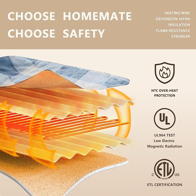 HomeMate Electric Blanket Heated Full Size - 72“x84“ Ultra Soft Cozy Flannel Heating Blanket with 10 Fast Heat Levels 8 Hours Auto Off Over-Heated Protection ETL Certification Keep Warm in Home Office