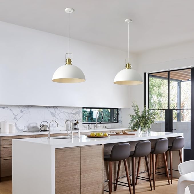 18 Inch White Farmhouse Pendant Lights for Kitchen Island Industrial Pendant Lighting Adjustable Height Vintage Dome Hanging Light Fixtures for Barn, Dining Room