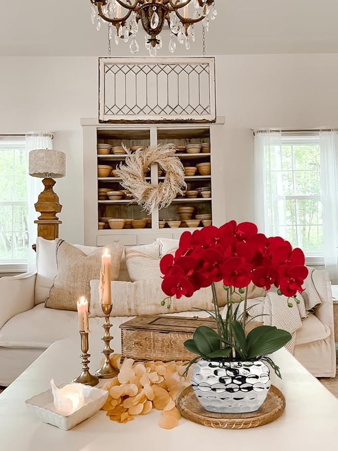 Briful Red Orchid Artificial Flowers 18" Large Silk Orchid with Silver Ceramic Pots Fake Orchid Arrangement for Home Office Bathroom Living Room Table Decoration