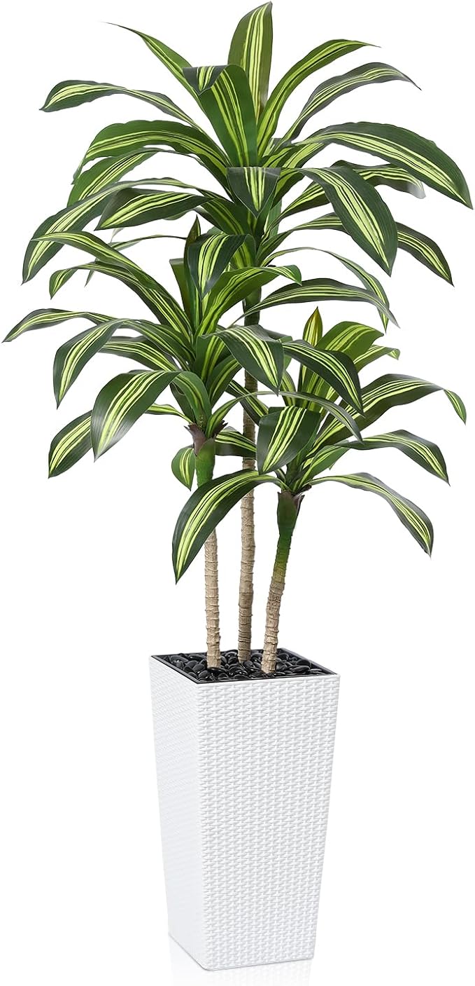 Artificial Dracaena Tree, 6FT UV Resistant Fake Plants with White Taper Planter, Lifelike Tall Artificial Floor Plants for Indoor & Outdoor, Faux Tree for Home Courtyard Decor