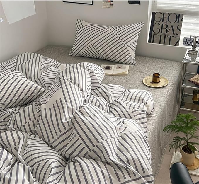 VM VOUGEMARKET Gray Striped Duvet Cover Set, 100% Cotton Geometric Bedding Set,3 Pieces Instagram Style Simple Modern Duvet Cover with 2 Pillowcases-Queen,Gray Stripes