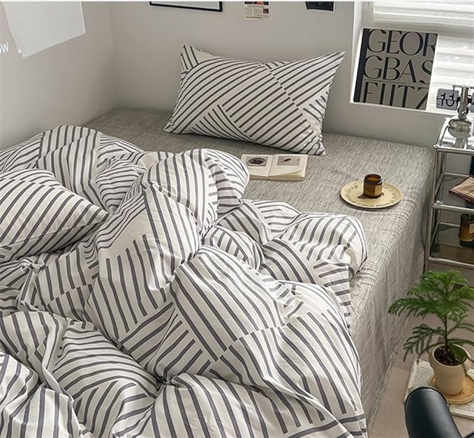 VM VOUGEMARKET Stripes Duvet Cover King,Instagram Style Geometric Duvet Cover with Zipper Ties 100% Cotton Modern Fashion Bedding Set for Men Women-King,Gray Stripes