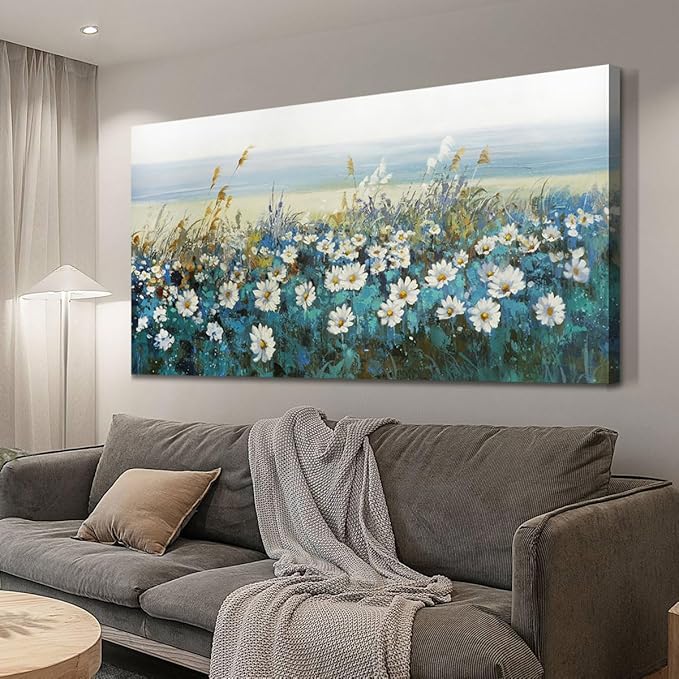 Arjun Flowers Wall Art Canvas White Daisy Floral Painting Blue Coastal Teal Landscape Picture Turquoise Textured Large Framed Artwork for Living Room Bedroom Bathroom Office Home Wall Decor, 48"x24"