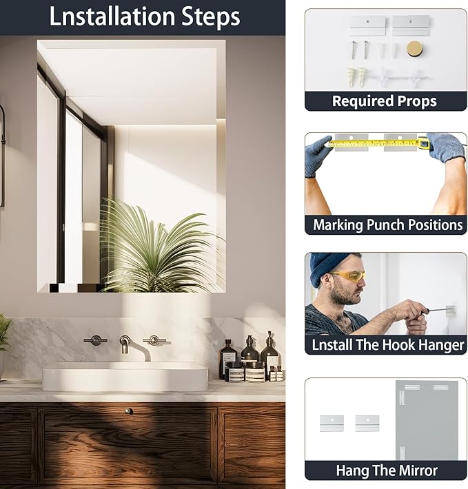 30x40 Inch Frameless Wall Mirror with 1" Beveled Edge, Frameless Rectangle Mirror for Bathroom, Vanity, Living Room