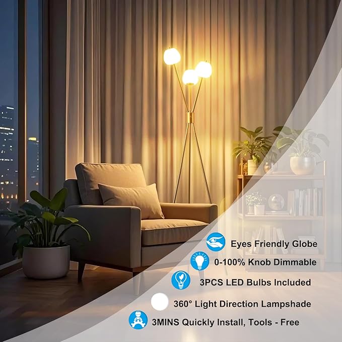 Fiqevs Dimmable Tripod 3 Globe Floor Lamp for Living Room, Mid Modern Gold Floor Lamp with Elegant Frosted Ball Shade and Warm Light LED Bulbs, Standing Tall Lamp for Bedroom, Office - Antique Brass