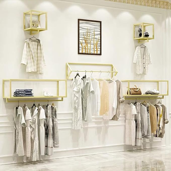 Metal Garment Racks in Boutique Clothing Stores Display,Wall-Mounted Hanging Potted Plants Clothes Shelf in Home,Towel Rack for Bathroom Storage Shelves (Gold, 11.8" L)
