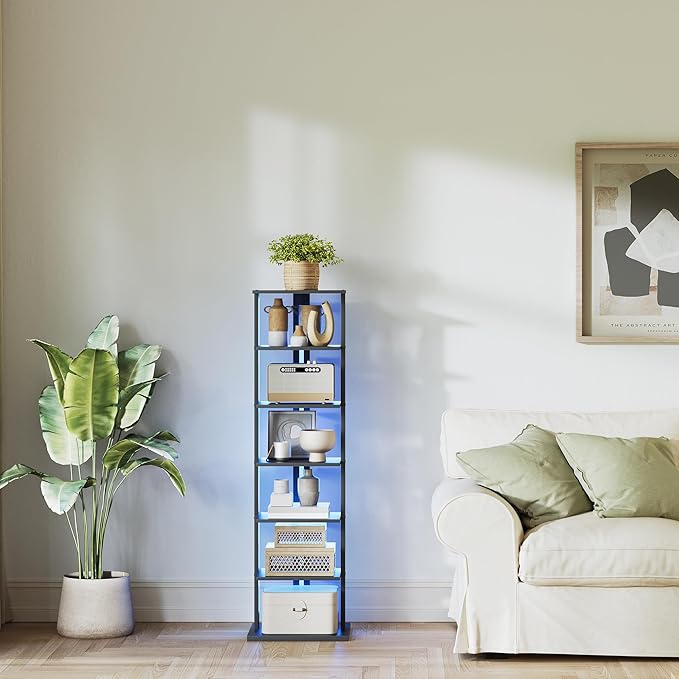 7-Tier Bookshelf, Narrow Bookcase with LED Lights, 47.2 Inch Book Shelf for Small Space, Display Storage Shelf for Living Room, Bedroom, Home Office, Study, Black