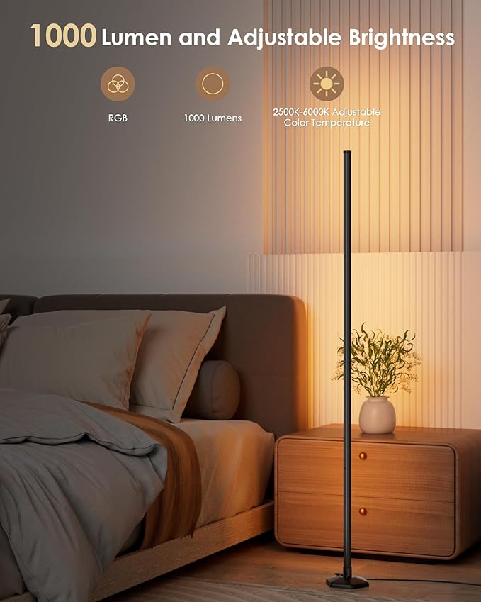 Corner Floor Lamp, 65" RGB Color Changing Mood Light with Remote Control, Dimmable LED Corner Lamp with Music Sync, Modern Floor Lamp for Living Room Gaming Room