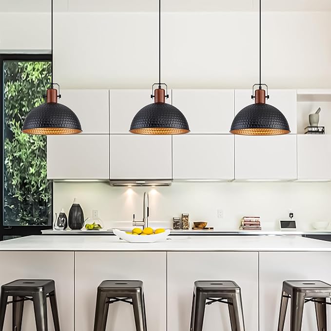 12 Inch Black Pendant Lights Hammered Matte Pendant Lights for Kitchen Island Industrial Farmhouse Adjustable Height Dome Hanging Light Fixtures for Barn, Dining Room 2 Packs