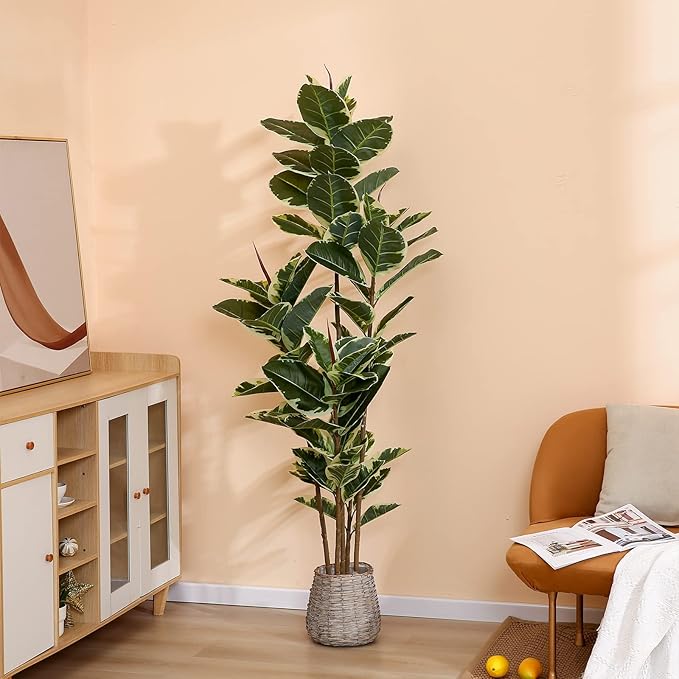 Artificial Rubber Tree Plant 6ft Tall Faux Ficus Tree Potted Fake Tropical Plants Decorative House Plants Large Floor Artificial Trees for Home Office Store Room Decor
