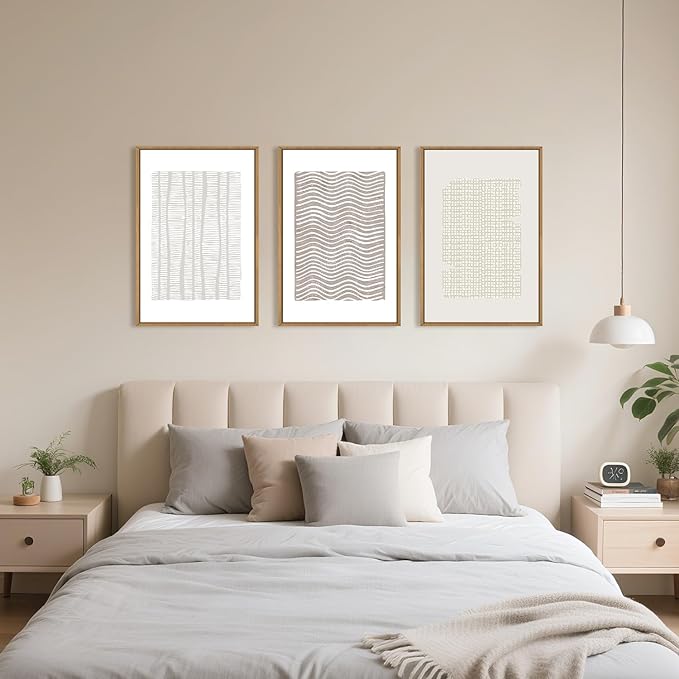 Large Abstract White and Beige Framed Canvas Wall Art,Geometric Dot and Line Wall Decor,Modern Wave Lines Artwork,Neutral Minimalist Shapes Art Print for Living Room,Bedroom,Office-24 x36 x3