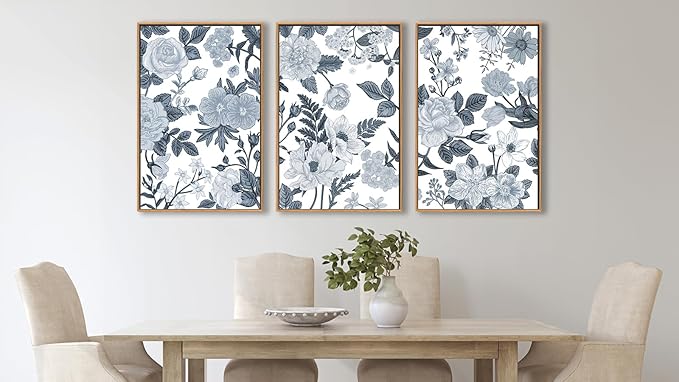 Large Framed Canvas Wall Art - Natural Float Framed Rustic Grey White Flowers Pictures Decor Gray Blue Leaves Artwork Prints for Bedroom Living Room Kitchen Home Office Decoration 60" X 28" Set of 3