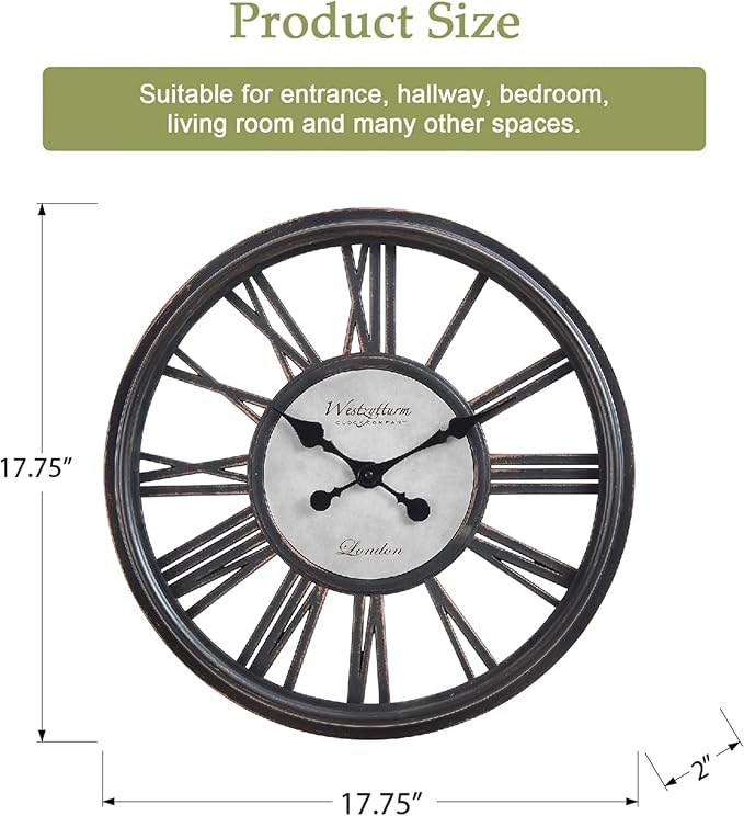 18 Inch Retro Black Wall Clock, Silent Non-Ticking Battery Operated Round Vintage Clock with Roman Numerals,Decorative Living Room, Kitchen, Bedroom Decor