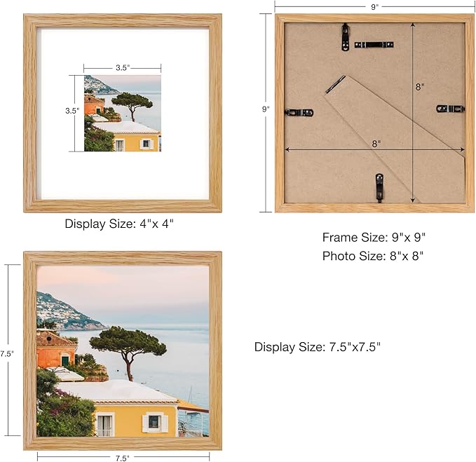 Axeman 8x8 Solid Oak Wood Picture Frame With Mat - 4x4 | Plexiglass & Hanging Hardware Included - Natural, 3 PCs