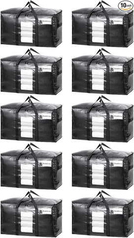 TAILI Extra Large Moving Bags, 10 Pack Black Heavy Duty Totes For Storage with Visible Window, Wrap Around Handles, Storage Bags for Space Saving, Alternative to Moving Boxes