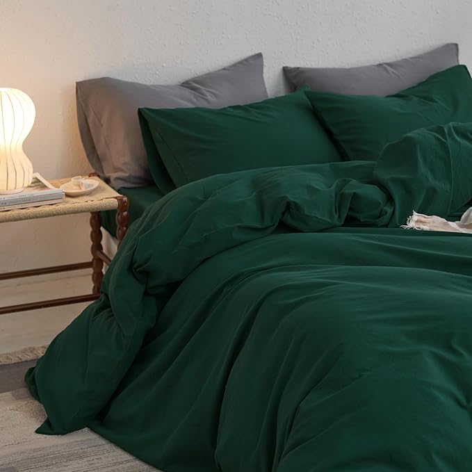 MooMee Queen Duvet Cover Set, 100% Washed Cotton Linen Like Twill Thick Sturdy Material Super Soft Breathable Durable Bedding for All Season, 3 Pieces (Forest Green, Queen 90"x90")
