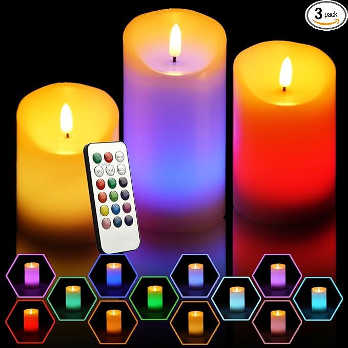 NICEME 3PCS LED Multi Colored Flameless Candles Battery Operated Flickering Flame Color Changing Candles with Remote Control Real Wax Electric Fake Candles, D3” x H4” 5" 6"