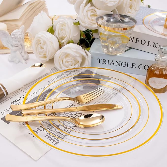 DaYammi 350PCS Clear Gold Plastic Dinnerware Set for 50 Guests, Fancy Disposable Plates for Party, Include: 50 Dinner Plates, 50 Dessert Plates, 50 Pre Rolled Napkins with Gold Silverware, 50 Cups
