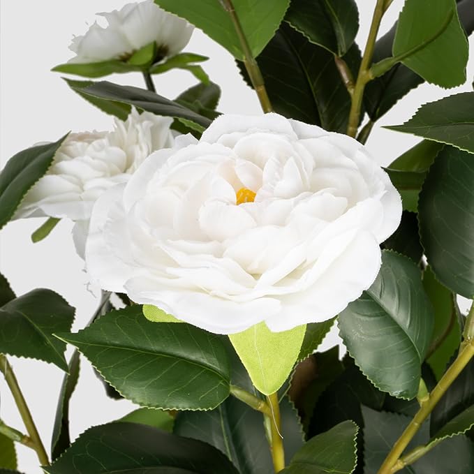Romantic Season 2Pack Artificial Camellia Tree 3FT, White Faux Camellia Plant Fake Potted Camellia Flower Tree Plastic Camellia Tree for Modern Home Office Living Room Floor Décor Indoor
