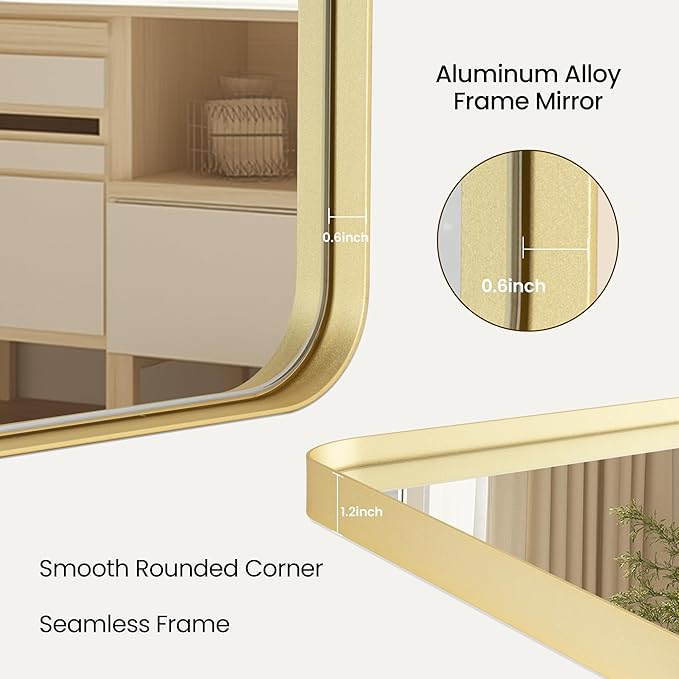 Bathroom Mirror 24x36 inch, Rustproof Aluminum Metal Framed Mirror for Wall, Matte Gold Bathroom Vanity Mirror, Shatterppoof Mirror, Living Room, Hanging or Leaning Horizontal or Vertical