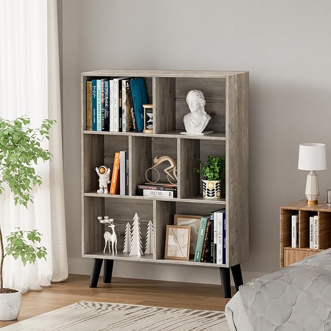 LEYAOYAO 7 Cube Bookshelf, 3 Tier Modern Bookcase with Legs, Mid-Century Modern Wood Book Shelves Storage, Retro Grey Book Case, Freestanding Organizer Display Shelf for Bedroom,Living Room,Office