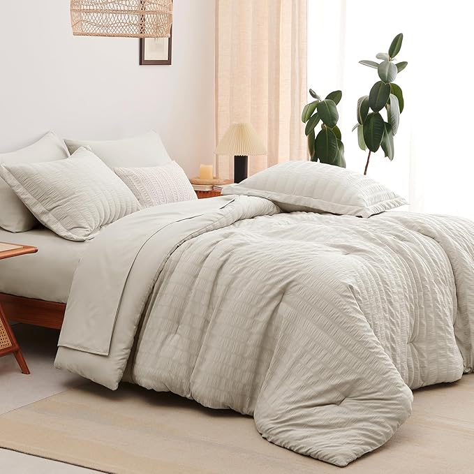 CozyLux Full Size Comforter Sets with Sheets Seersucker 7 Pieces Beige Bed in a Bag Textured Luxury Soft Bedding Set with Down Alternative Comforter, Sheets, Pillowcases & Shams for All Seasons