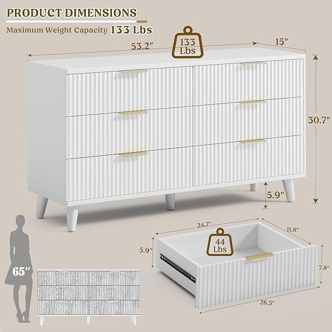 Lulive White Dresser for Bedroom Wood Dressers Chest of Drawers, Fluted 53.2" Wide Modern Long Dresser TV Stand 6 Drawers for Bedroom, Closet, Living Room, Hallway (White)