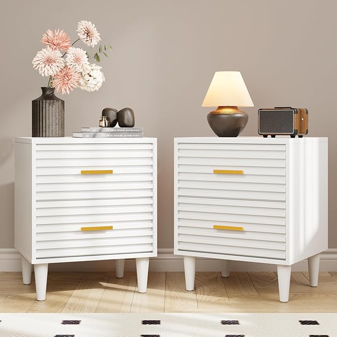 Alohappy Nightstands Set of 2, Mid Century Modern Night Stands, Fluted Bedside Tables for Bedroom, End Tables with Storage Drawers, Vintage Bed Side Table Wood Accent Table for Living Room, White 2pc