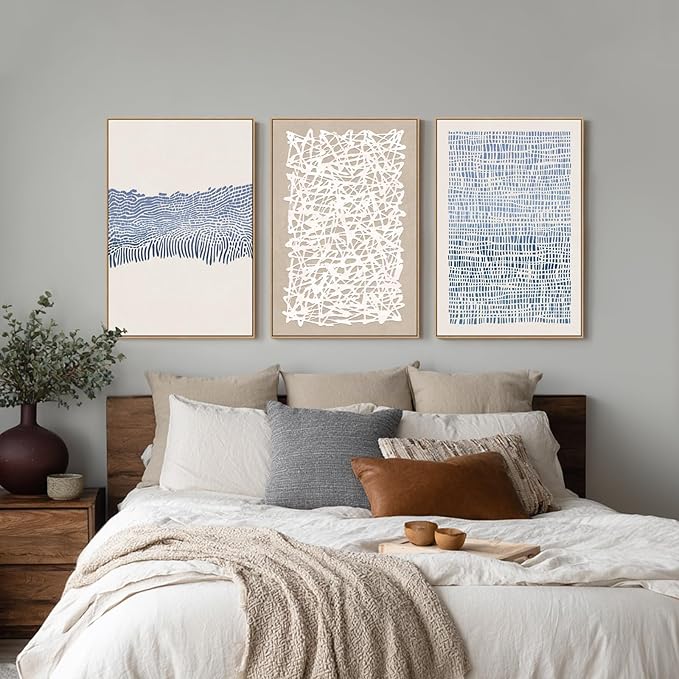 SAFERRYHOME Mid Century Neutral Blue Contrast Boho Wall Art - Modern Framed Canvas Prints Large Abstract Zen Lines Geometric Pattern Decor for Living Room, Home Office, Dining Room - 3 Pieces 24x36 Inch