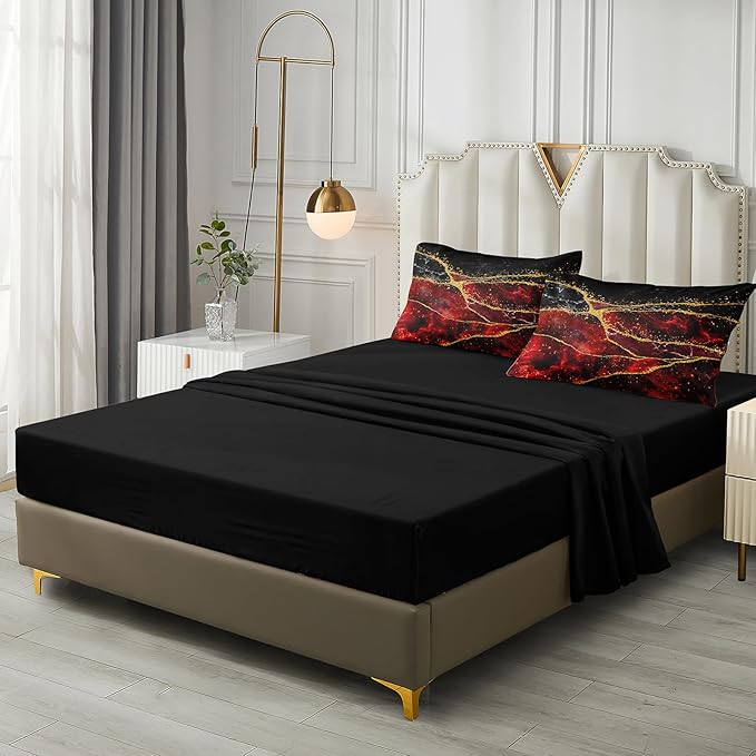 Gold Comforter Set 8 Pcs Red Marble Bedding Set King Size Bed in A Bag Red and Black Marble Stone Texture Abstract Room Decor