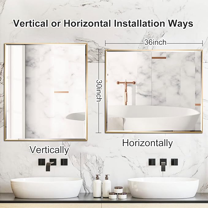30x36 Inch Gold Mirror with Beveled Trim, Aluminum Frame Bathroom Vanity Mirror, Copper-Free Mirror, Rectangle Wall Mounted Mirror, Modern Rectangular Mirror Horizontal or Vertical