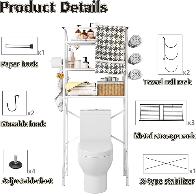Over The Toilet Storage Metal 3 Tier Bathroom Organizer Shelf with Paper Holder Easy to Assemble & Space Saving (White)