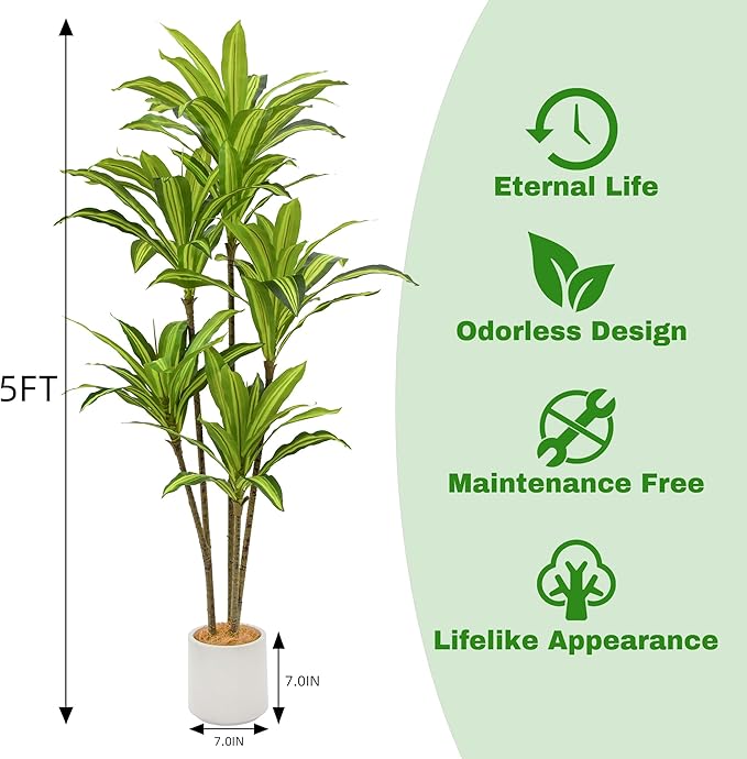 Faux Dracaena Tree 5ft(60in) Artificial Plant with Realistic Leaves and Trunks,Fake Floor Potted Tall Artificial Trees for Home Office Decor Indoor (5Feet,1Pack)
