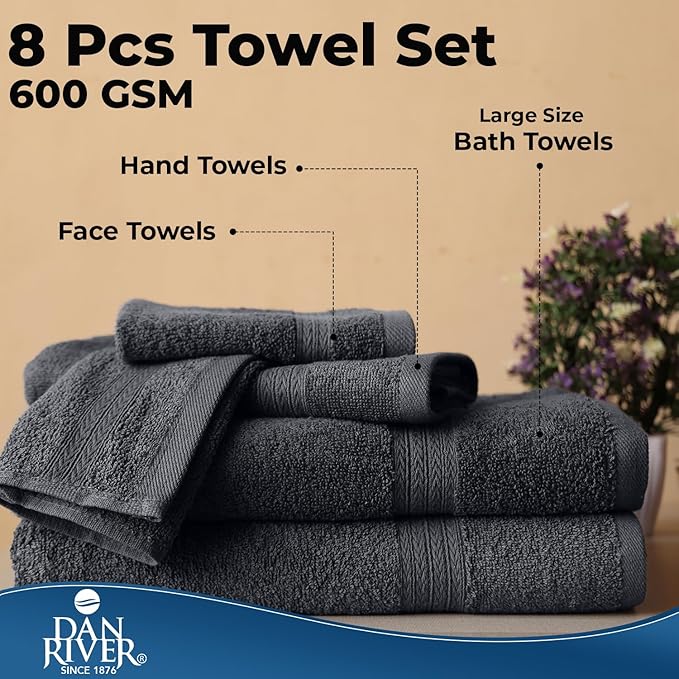 DAN RIVER 8 PC Luxury Bath Towels for Bathroom, 2 Bath, 2 Hand, and 4 Wash Cloths, 600 GSM 100% Ring Spun Cotton Towel Set, Highly Absorbent, Gym, Hotel, and Spa, Charcoal