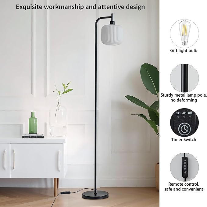 Mayna glass floor lamp living room, modern vertical lamp, remote control switch with glass lampshade, 67-inch high lamp suitable for bedroom and study (2700K LED Bulb Included)