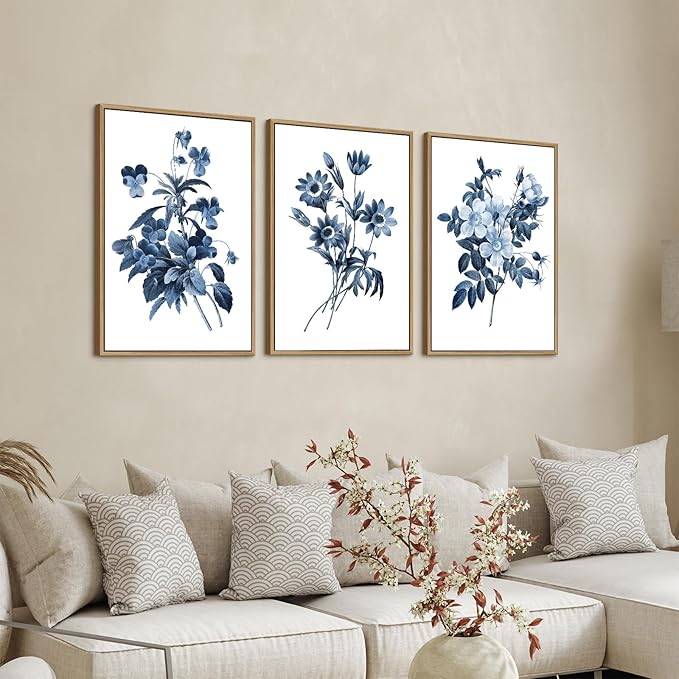 Large Framed Canvas Wall Art - Natural Float Framed Indigo Flowers Picturtes for Living Room Decor Retro Blue Floral Botanical Artwork Plants for Bedroom Kitchen Home Office Decor 48" X 24" Set of 3