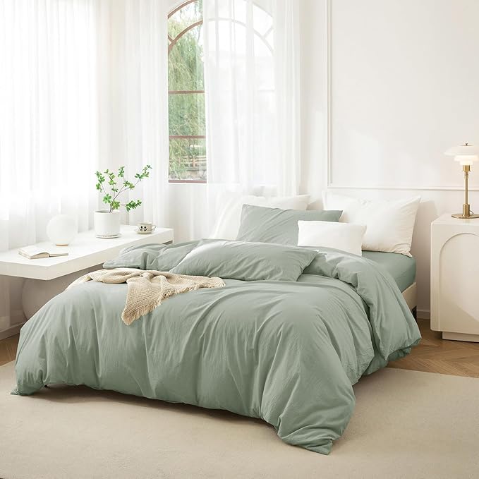 JIYUAN 100% Washed Cotton Duvet Cover Set 3 Pieces King, 1 Duvet Cover 104x90 Inches(Comforter Not Included) and 2 Pillowcases,Linen Feel Bedding Set Comfy and Breathable, Heathered Sage Green