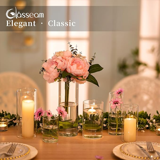 Glasseam Clear Cylinder Vases Set, 24Pcs Glass Vases for Centerpieces Bulk, Modern Floating Candle Holder for Decor, Hurricane Candle Holders for Wedding Table Decorations, 6"+8"+10"