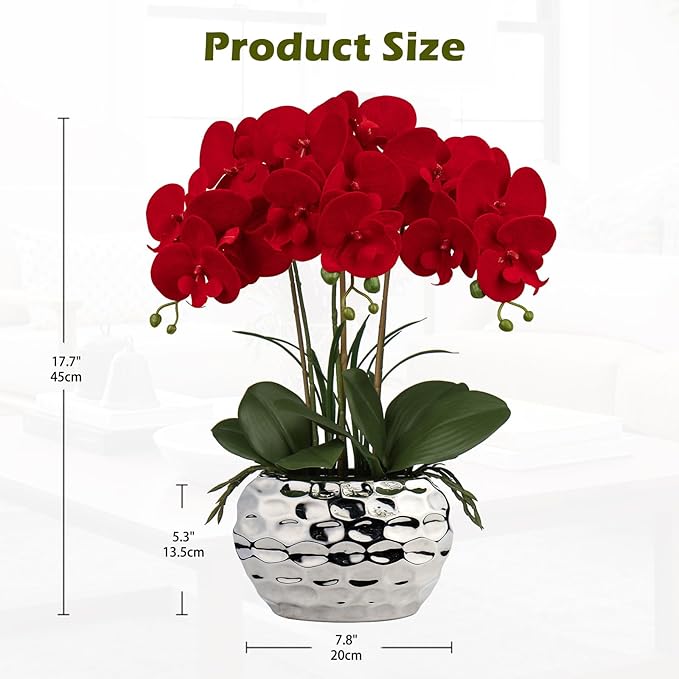 Briful Red Orchid Artificial Flowers 18" Large Silk Orchid with Silver Ceramic Pots Fake Orchid Arrangement for Home Office Bathroom Living Room Table Decoration