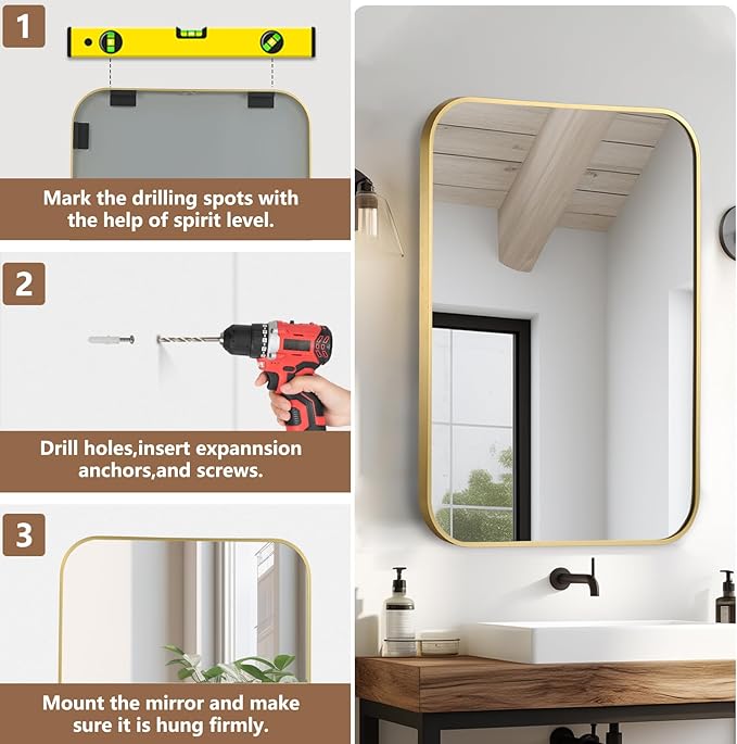 Brushed Gold Mirror, 20"x28" Rectangle Bathroom Mirror, Metal Frame Rectangle Corner Vanity Mirror, Wall Mounted Mirror for Modern, Living Room, Bedroom, Horizontal Or Vertical